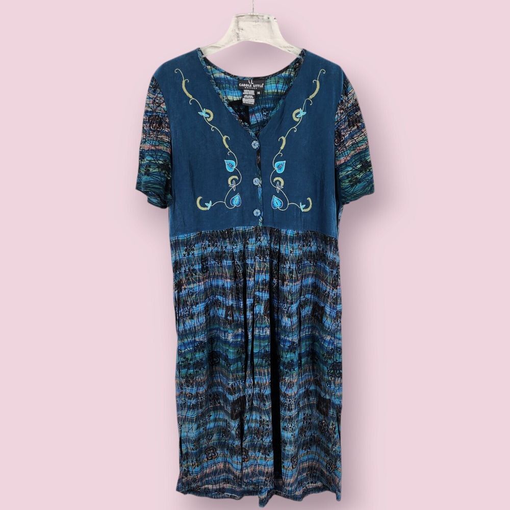 Vintage Carole Little Boho Dress 14 Cottage Modest Embroidered Hippie Indie Blue